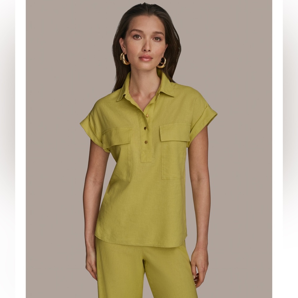 Donna Karan Women’s Linen Blend Collard Shirt. Medium. Scuffed Citron. NWT